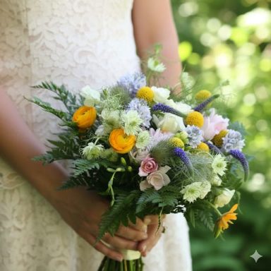 Casaments Ramo de flores silvestres coloridas sostenido por una persona con vestido blanco.